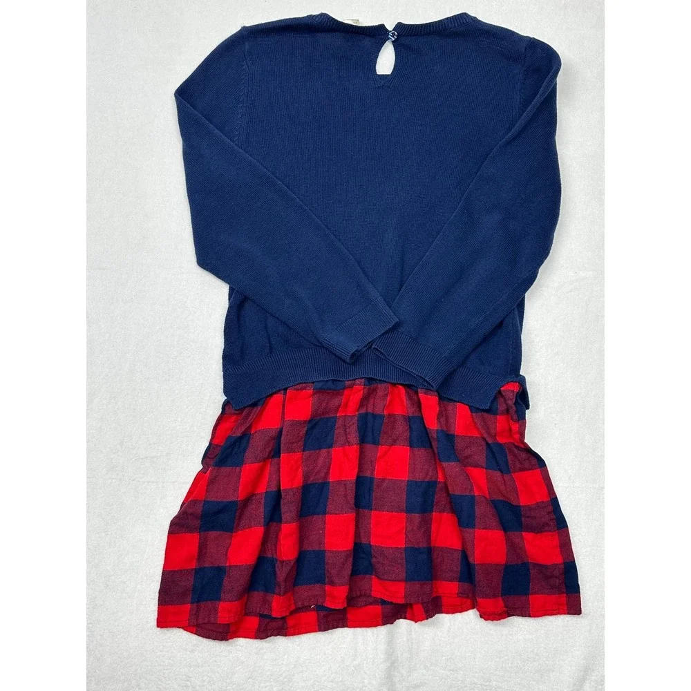 OshKosh B'Gosh Girls' Navy Blue Sweater‎ Dress Red Plaid Skirt Size 10